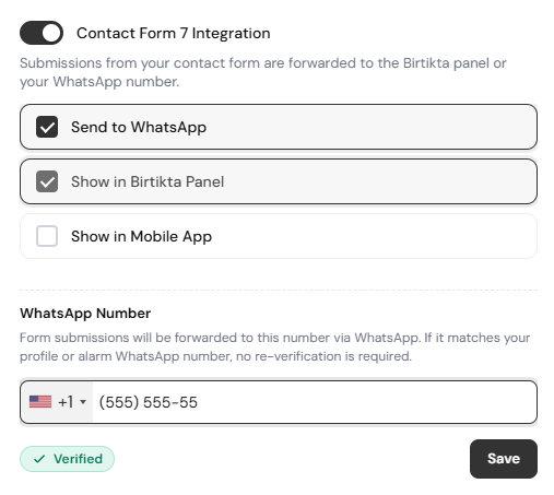 Contact Form 7 WhatsApp integration settings in the Birtıkta panel