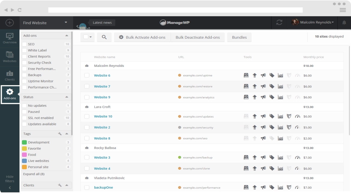 ManageWP management dashboard screenshot