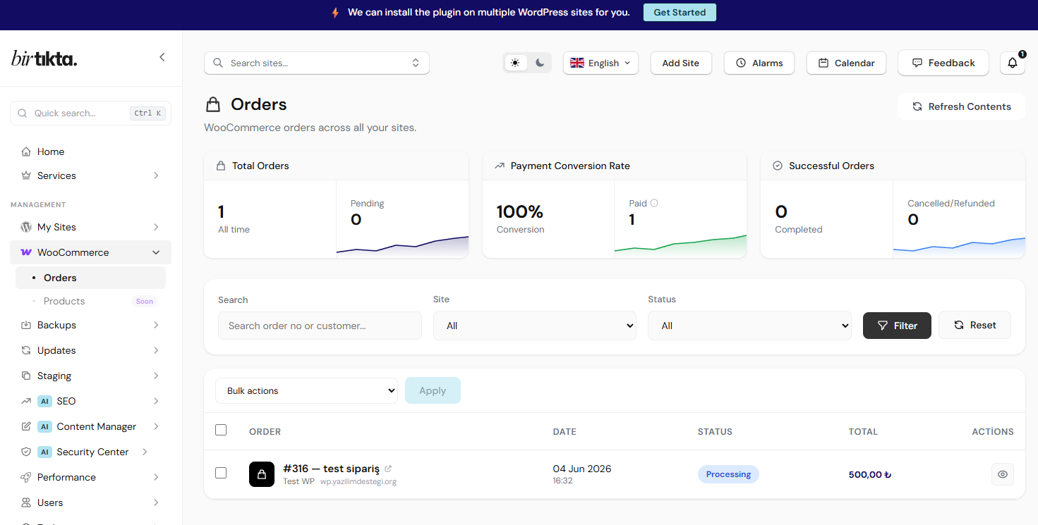 Birtıkta WooCommerce order management panel screenshot