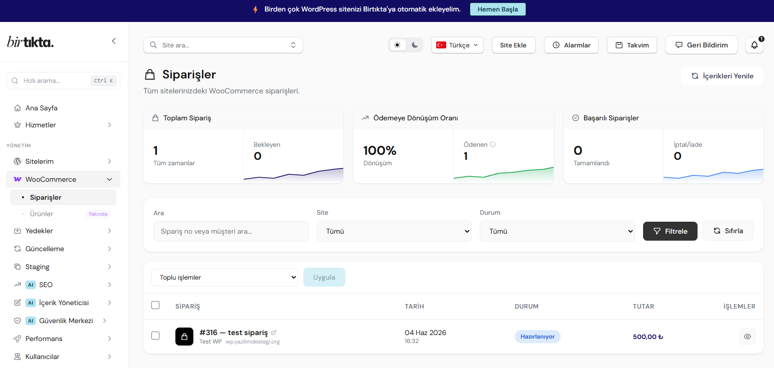 Birtıkta WooCommerce sipariş yönetimi paneli ekran görüntüsü